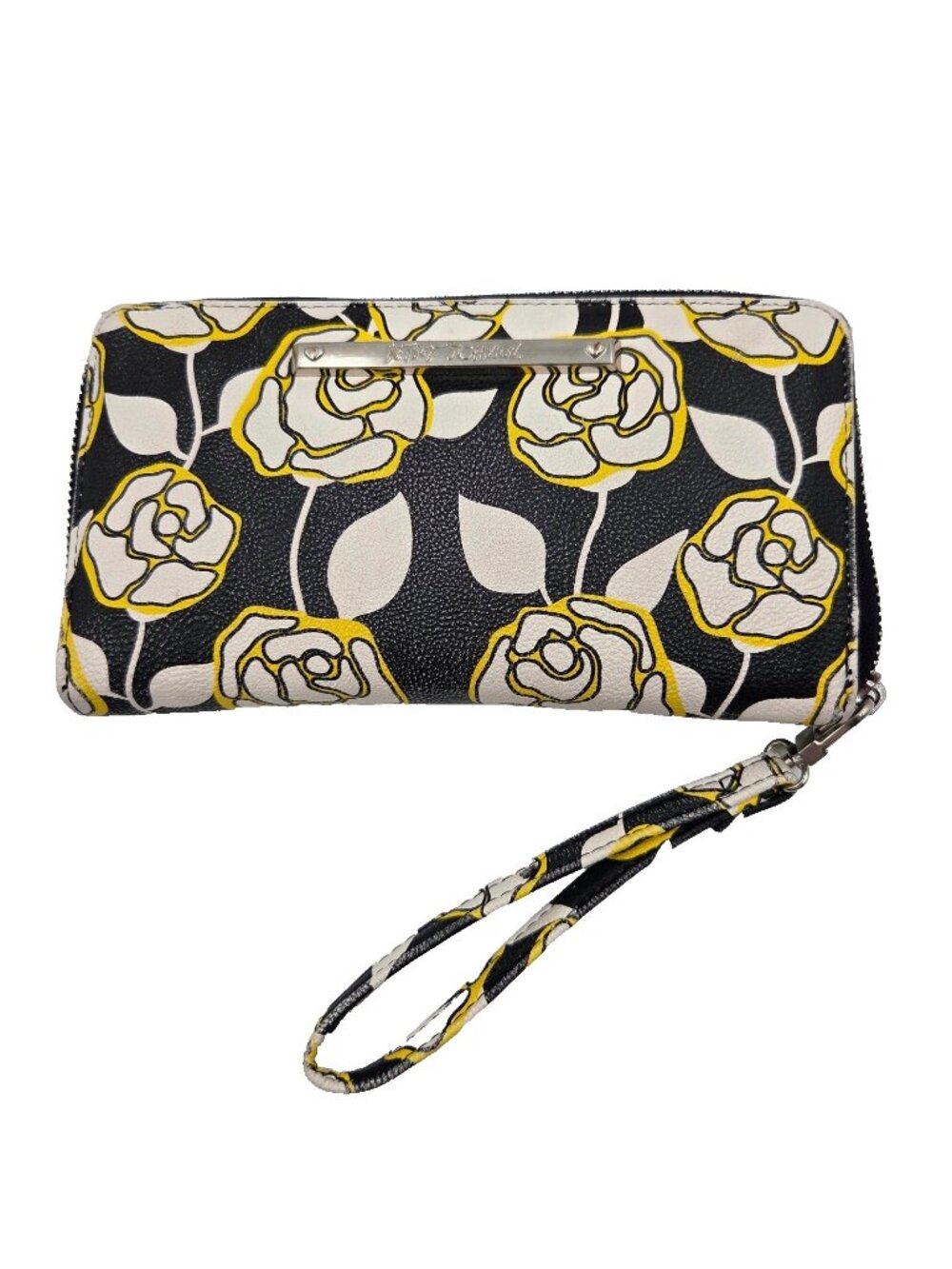 Betsey Johnson Wristlet Wallet Clutch Floral Zip Around Black White Yellow Read